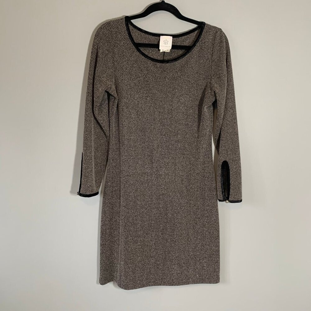 Papillon Blanc Womens Herringbone Long Sleeve Shift Dress Brown Black Size M